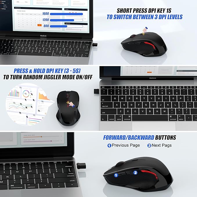Wireless Bluetooth Mouse for Mac Pro MacBook Air, Rechargeable Mice with Jiggler Mouse, 3 Mode Switch Bluetooth 5.2/3.0 & 2.4G USB-A/USB-C Receiver, Optical Silent Mouse for iPad PC Laptop, Black