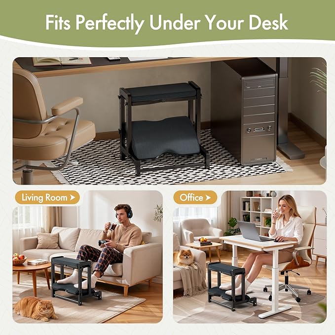 Double Step Foot Rest Under Desk, Adjustable Wooden Desk Foot Rest with 4 Heights, Ergonomic Foot Stool with Cushion for Office, Gaming & Study (Black)