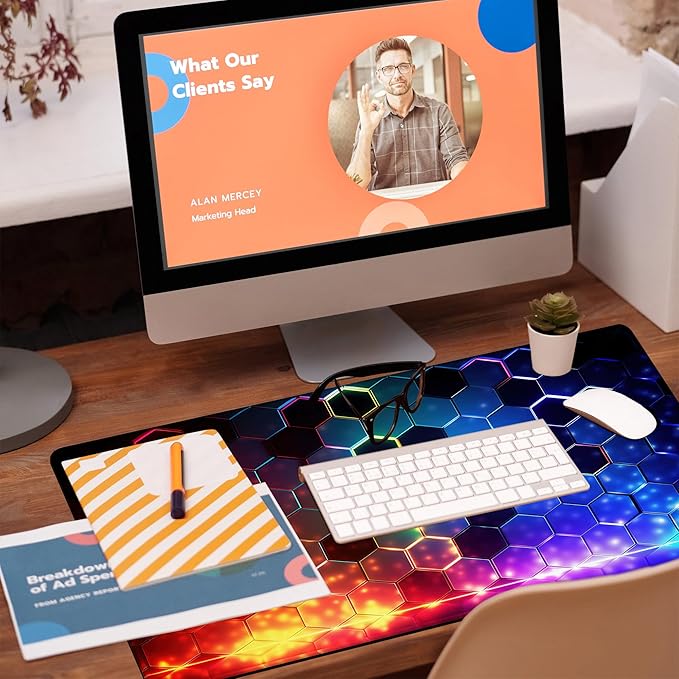 Desk Mat, Colorful Honeycomb Technology Desk Pad,Hexagonal Honeycomb Large Gaming Mouse Pad for Desk,31.5"x15.7" Extended Big Computer Keyboard Mouse Pad with Non-Slip Base and Stitched Edge
