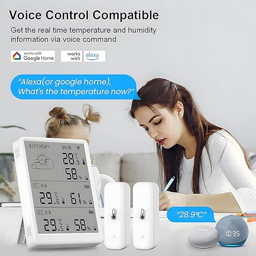 WiFi Thermometer Hygrometer Sensor, Temperature and Humidity Monitoring via app, 100m Range, Compatible with Alexa (4 sensors + basestation)