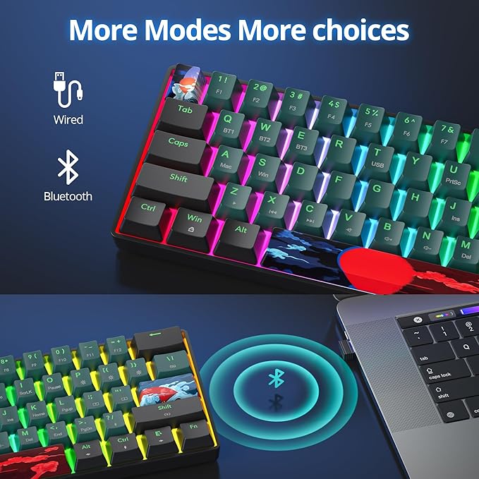 Fogruaden Wireless Gaming Keyboard, 60% Percent Mechanical Keyboard Wireless, Hot-Swappable Yellow Switch, RGB Wired/Bluetooth Keyboards for Win/Mac, 61 Keys NKRO (Soundwave)