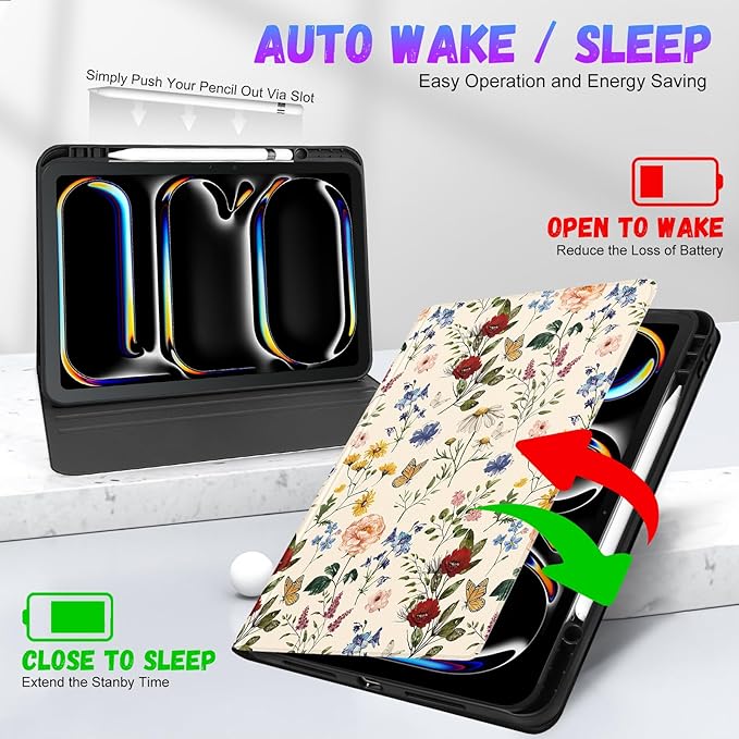 Uppuppy for iPad Pro 13 Inch Case 2024 - Women Cute Girls Folio Smart Cover with Pencil Holder Girly Flower Floral Pretty Aesthetic for iPad Pro M4 13 Inch Cases A2925 A2926 A3007