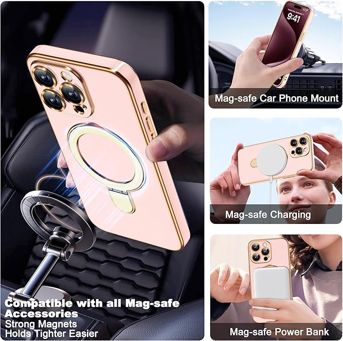 Compatible with iPhone 15 Pro Case with Magnetic Ring Stand [Compatible with Mag-Safe] [Full Camera Lens Protector] Soft Plating Phone Case for iPhone 15 Pro 6.1", Solid Pink