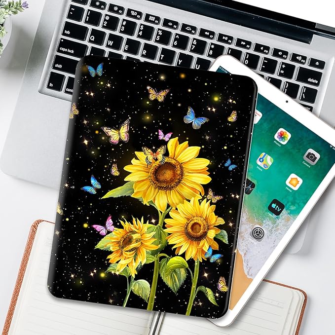for iPad Air 2/1 Case, for iPad 5Th/6Th Generation Case 2017/2018, Slim Cover for iPad Cases 5th/6Th Generation 9.7-inch, Pencil Holder, 2 Viewing Angles, Typing Stand, Black Sunflower