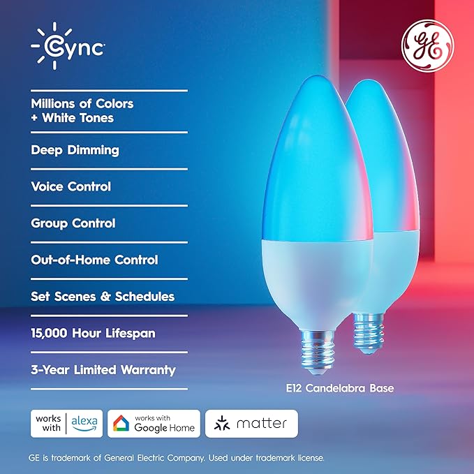 GE Cync Smart LED Light Bulbs, Color Changing Decorative Light Bulbs, Indoor WiFi Lights, Matter Compatible, Compatible with Alexa and Google Home, Candelabra Base (3 Pack)