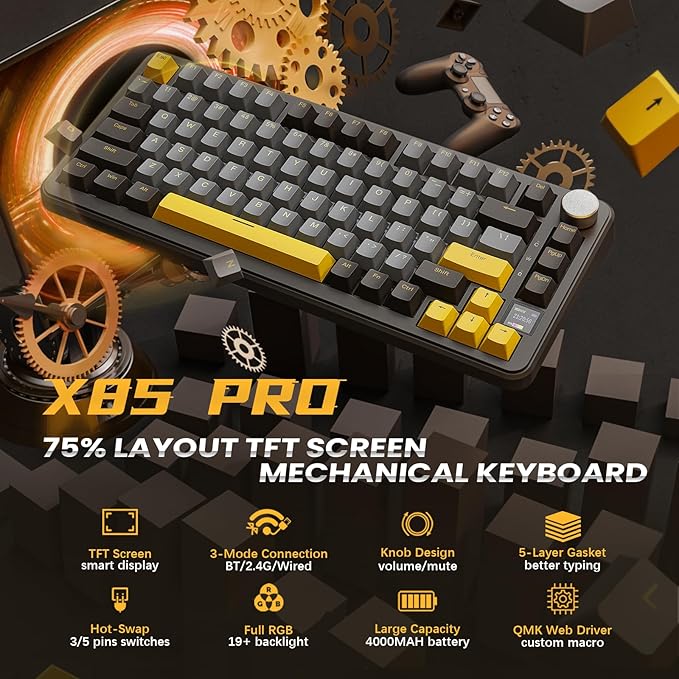 ATTACK SHARK X85 Pro Wireless Gaming Keyboard,Hot Swappable,Tri-Mode(BT 5.1/2.4Ghz/Type-C),Gasket, TFT Display & Knob,75% Layout,PBT Keycaps,QMK Custom for PC/MAC-Black/Linear Blueberry Switch