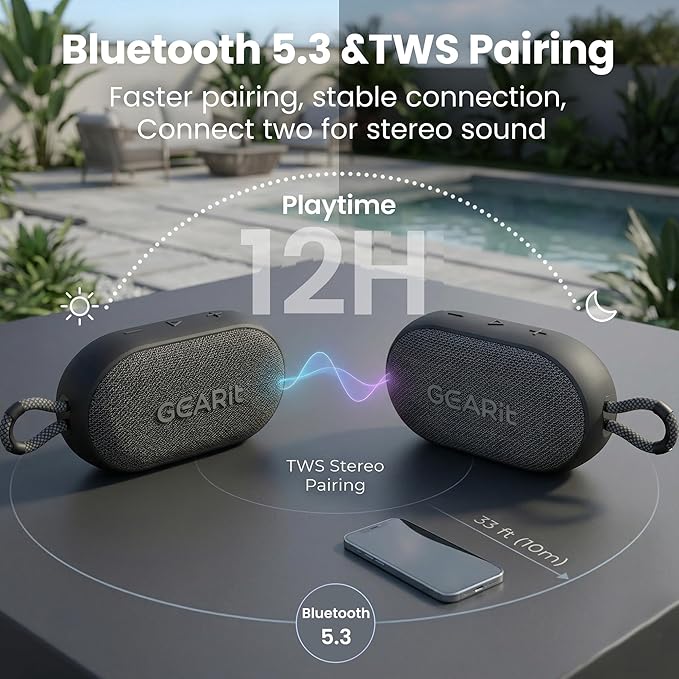 GEARit Mini Bluetooth Speaker with Deep Bass | Portable Wireless Speaker IPX7 Waterproof & Dustproof | 12H Playtime BT5.3 TWS Pairing for Camping Beach Travel Home Gift