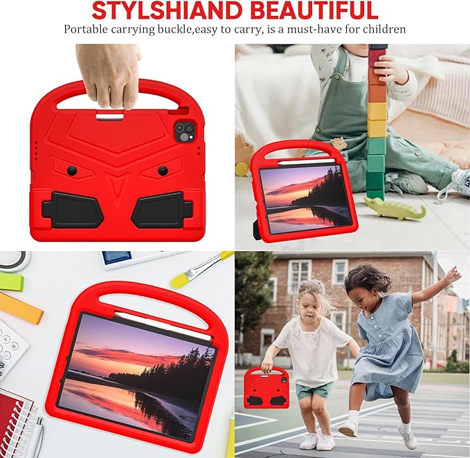 Kids Case for Apple iPad Pro 11 inch M5/M4 Tablet (2025/2024) with Pencil Holder/Handle/Kickstand Slim Lightweight Cute Soft EVA Foam Shockproof Stand Cover for Boys Girls Teens, Red Bird