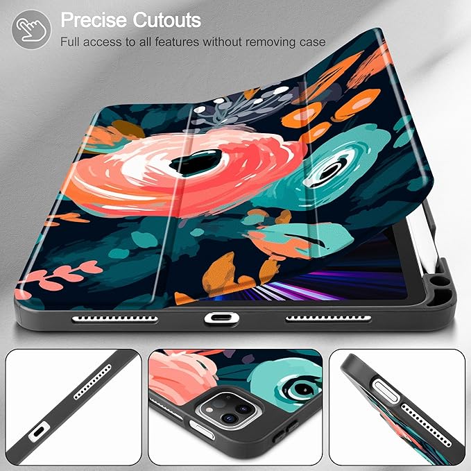 May Chen Case for iPad Pro 11 inch (4th, 3rd, 2nd & 1st Gen) 2022 2021 2020 2018, Trifold Stand + Pencil Holder + Auto Wake/Sleep + Soft TPU Protective Stand Back Cover, Bright Flowers