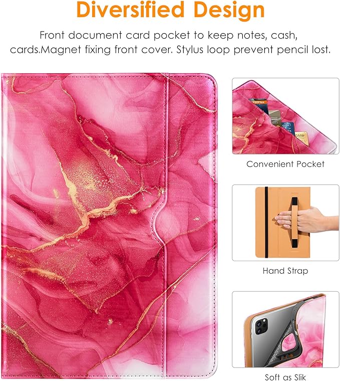 DTTO iPad Pro 12.9 6th / 5th / 4th / 3rd Generation Case 2022/2021/2020/2018, Premium Leather Folio Stand Cover with Built-in Apple Pencil Holder -Auto Wake/Sleep and Multi Viewing Angles,Red Marble