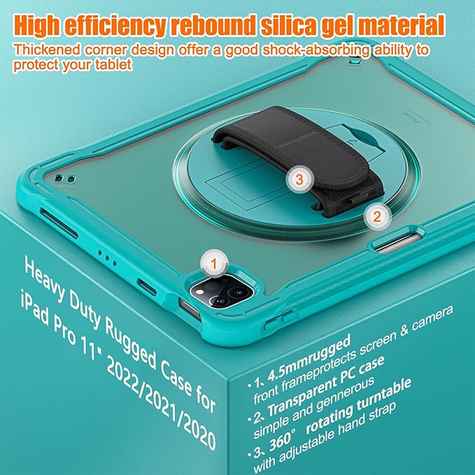 Batianda Case for iPad Pro 11-inch 2022 4th M2 Chip /2021 (3rd Generation) Heavy Duty Rugged Shockproof Tablet Cover with 360° Rotating Hand Strap Foldable Hidden Stand & Shoulder Strap, Blue