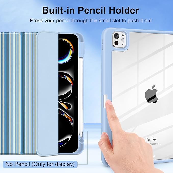 TWOLSKOO Case for iPad Pro 11-inch (M5 2025 / M4 2024), Clear Acrylic Back with TPU Bumper, Pencil Holder, Trifold Stand, Auto Sleep/Wake, Blue Stripes