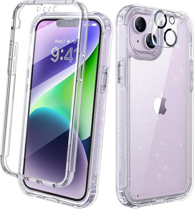 Diaclara Designed for iPhone 14 Case, Full Body Rugged Case with Built-in Touch Sensitive Anti-Scratch Screen Protector, with Camera Lens Protector for iPhone 14 6.1" (Clear Glitter)
