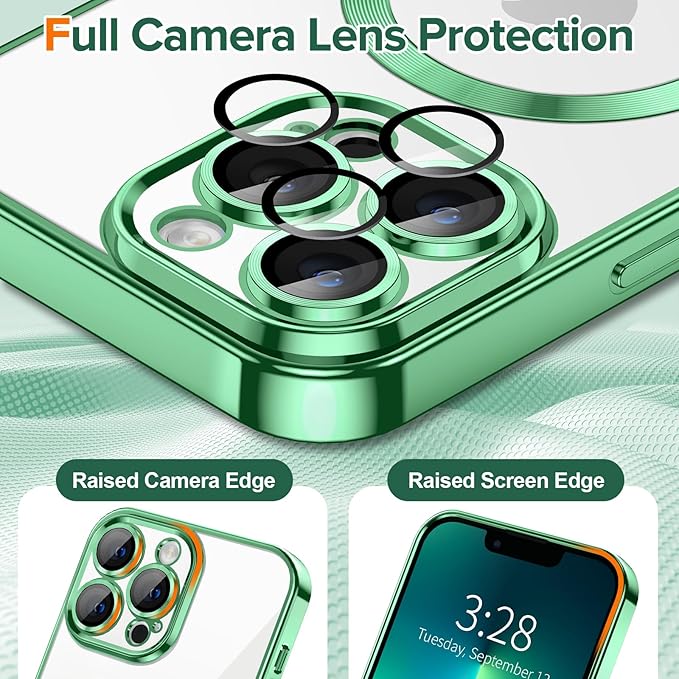 Hython Magnetic Clear for iPhone 13 Pro Case with Camera Lens Protector [Compatible with MagSafe] Luxury Plating Edge Slim Soft TPU Cover Protective Phone Case for iPhone 13 Pro 6.1", Light Green
