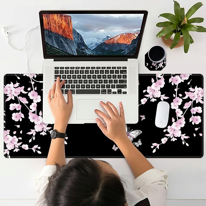Japanese Sakura Cherry Blossom Pink Black Mouse Pad Large with Coaster, 35.4"x15.7" Full Desk Mousepad Stitched Edges Non Slip Base Desk Pad Extended Large Gaming XXL Mouse Pad for Desk Office Home
