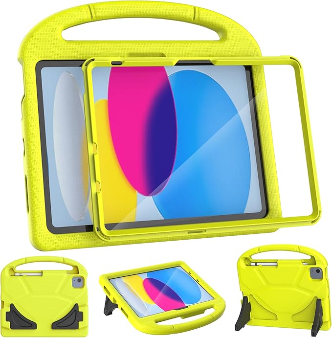 Kids Case for iPad A16 11th Gen 11-Inch 2025 & iPad 10th Generation (10.9" 2022), Durable Shockproof Fully-Body Cover with Screen Protector/Pencil Holder/Stand/Handle for Kids, Light Yellow