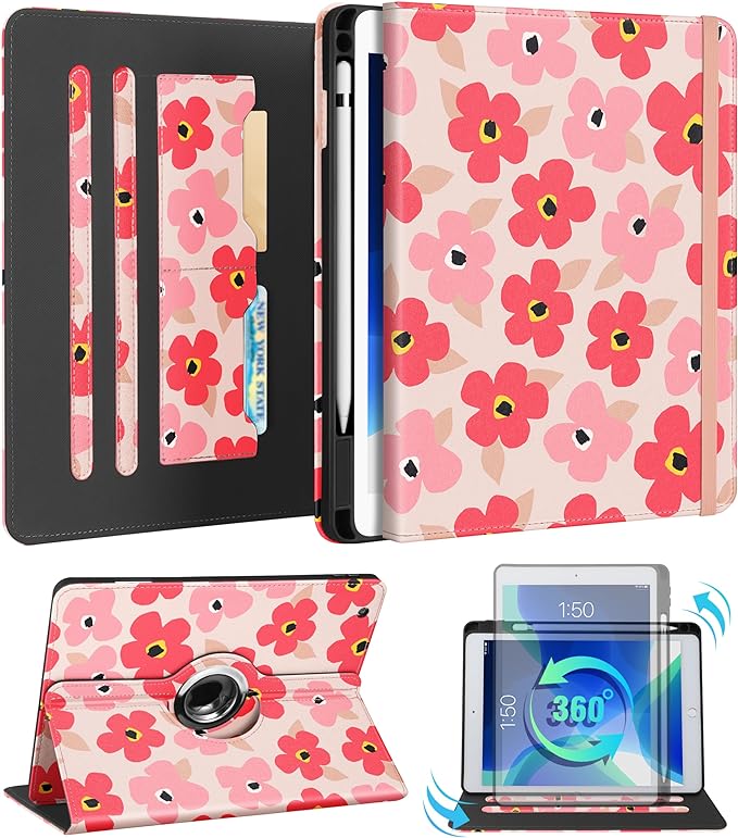 Kidcube for iPad 9th/8th/7th Generation Case 10.2 Inch - for Women Girls Cute Rotating Stand Folio Cover with Pencil Holder & Card Slot Girly Kawaii Floral Flower Design for iPad 9th/8th/7th Gen Cases