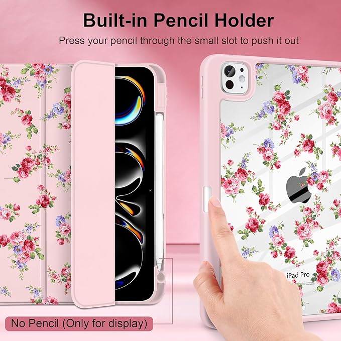 Case for iPad Pro 11 inch (M5) 2025 (M4) 2024 Release Slim Lightweight Cute Light Pink Cover with Clear Back TPU Edge Pencil Holder Trifold Stand, Elegant Rose