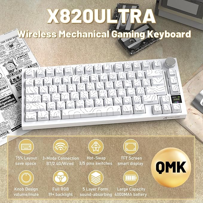 Attack Shark X820Ultra Wireless 75% Mechanical Gaming Keyboard with Screen & Knob Hot Swap 2.4GHz/BT/Wired RGB Backlit Gasket Mount Side Print PBT Keycap QMK Web Driver Shark Switch-White Contour
