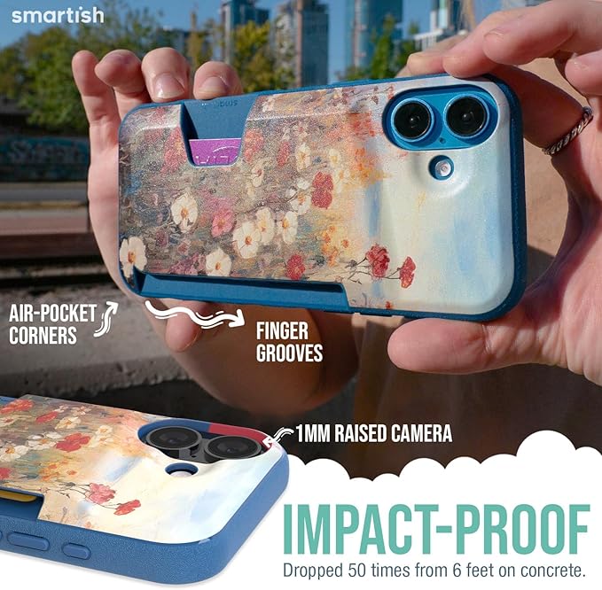 Smartish® iPhone 16 Wallet Case - Wallet Slayer Vol. 1 [Slim + Protective] Credit Card Holder - Drop Tested Hidden Credit Card Slot Cover for Apple iPhone 16 - Wildflower Fields