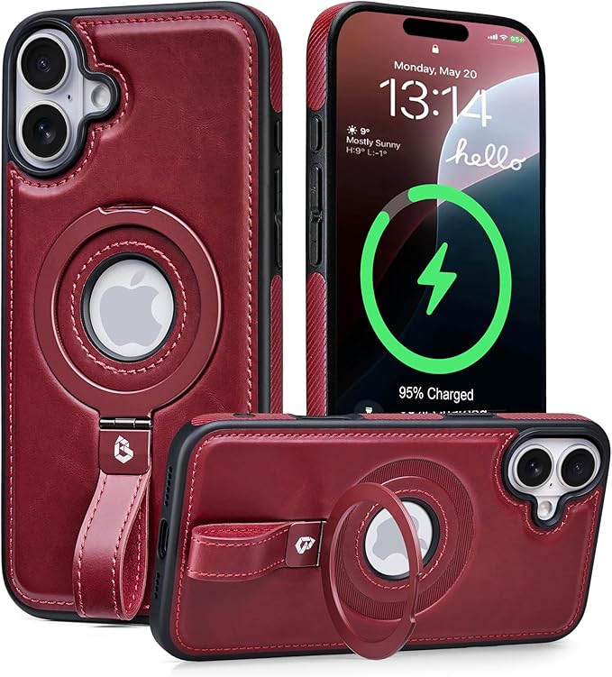 Butaiga for iPhone 16 Plus Leather Case with Stand, Anti-Slip Grip Ring, Fits for MagSafe (Burgundy, iPhone 16 Plus)