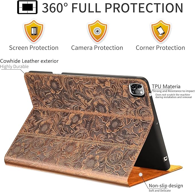 Gexmil Genuine Leather Case for iPad Pro 11 Inch 4/3/2/1st Gen 2022/2021/2020/2018,Smart Folio with Pencil Holder,Protective Shockproof Real Leather Cover,Auto Sleep/Wake,Flower Brown