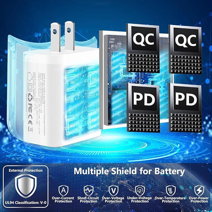 USB C Charger Block, LANWK 2Pack 60W 4Port USB C Wall Chargers Dynamic Power Adapter Dual PD&QC Type C Fast Charging Brick USB-A Charger for iPhone 17 17 Pro Max 16 15 14 13 12 11/Galaxy S26/S25/Pixel