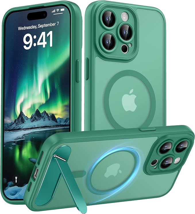 Magnetic Compatible with iPhone 15 Pro Max Case, [Built-in Kickstand][Full Camera Protection][Compatible with MagSafe][Anti-Fingerprint] Shockproof Phone Case for iPhone 15 Pro Max 6.7",Cyan