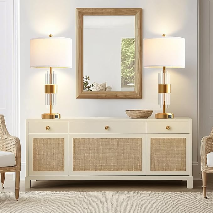 QiMH 25.5" Table Lamp Set of 2 with USB A+C Ports, Gold Lamp for Living Room with Touch Control, Modern Bedside Nightstand Lamp White Lamp Shade Bedroom Home Office Decor (2700K LED Bulbs Included)