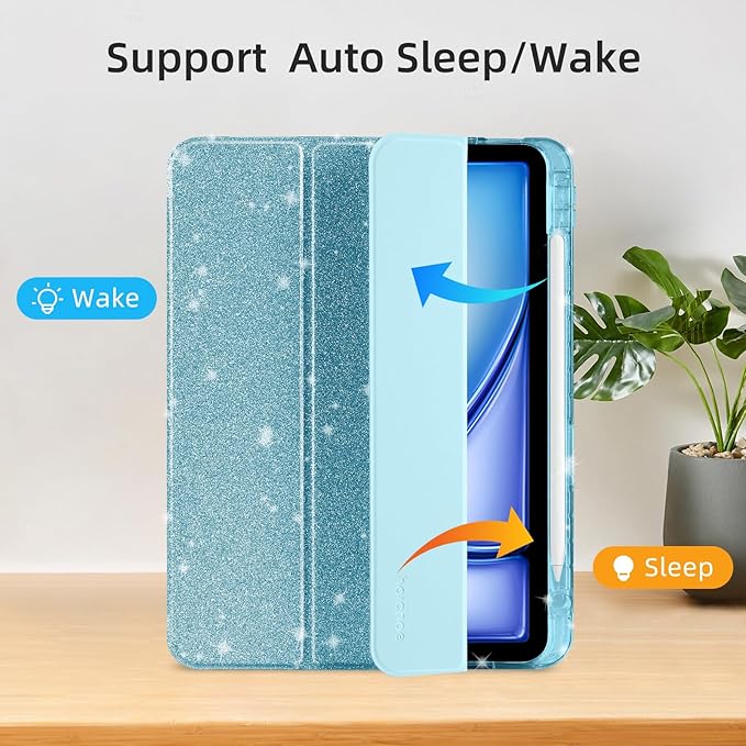 Case for iPad Air 13 Inch (M4/M3/M2, 2026/2025/2024) & iPad Pro 12.9 6/5th Gen (2022/2021), Glittering Sparkly Cover with Shiny Clear Back Shell, Trifold Stand Case with Pencil Holder, Blue