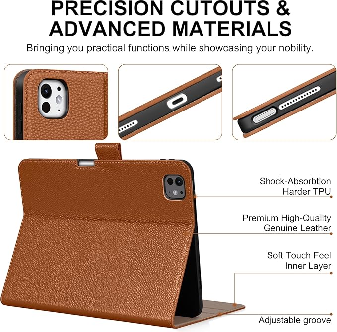 Genuine Leather Case for iPad Pro 11 inch Case (M5) 2025 / (M4) 2024 | with Pencil Holder and Adjustable Stand, Magnetic Closure, Auto Wake/Sleep Cover | Brown