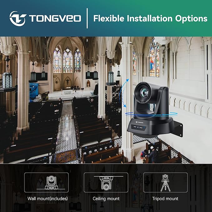 TONGVEO Conference Room PTZ Camera System with 20X Optical Zoom, AI Auto Tracking 1080P 60fps HDMI USB Webcam for Church Streaming Online Video Conference,Compatible with Zoom, OBS Easy Setup