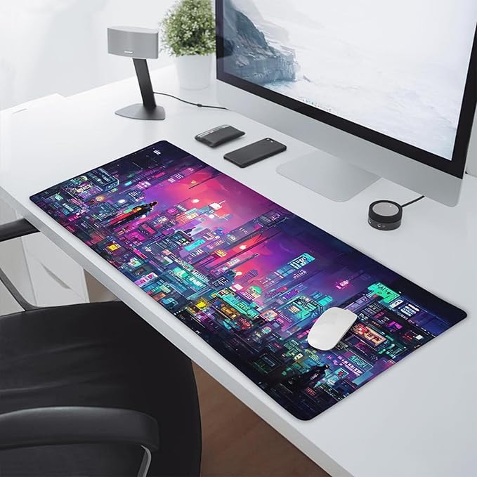 Retro Japanese Anime Gaming Mouse Pad Extended Cool Dark Purple Red Vaporwave City Large Desk Mat Big Mousepad Non-Slip Rubber Base Stitched Edge Long Desk Pad for Desktop Computer,40×20 Inch