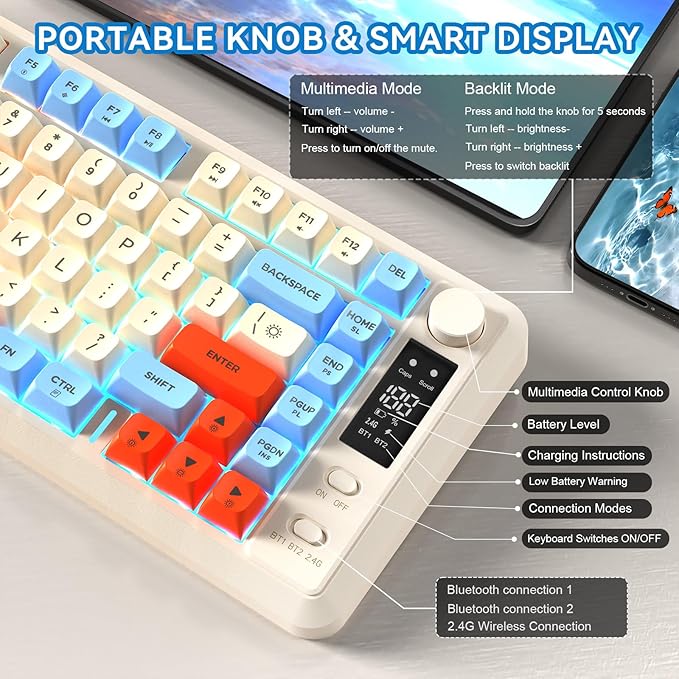 ZIYOU LANG M75 Wireless Gaming Keyboard, RGB Backlit Rechargeable 2000mAh Battery, Small Membrane But Mechanical Feel Keyboard with Smart Display & Knob, PBT Gradient keycaps for PC, MAC - Blueberry
