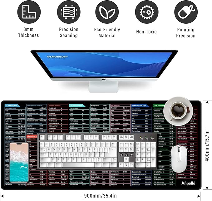 Large Excel Shortcut Mouse Pad, Extended Office Mousepad with Stitched Edges, Non-Slip Base Keyboard Mat for Desk, Gaming Mouse Pads for Office and Home, 35.4x15.7inches, Back to School