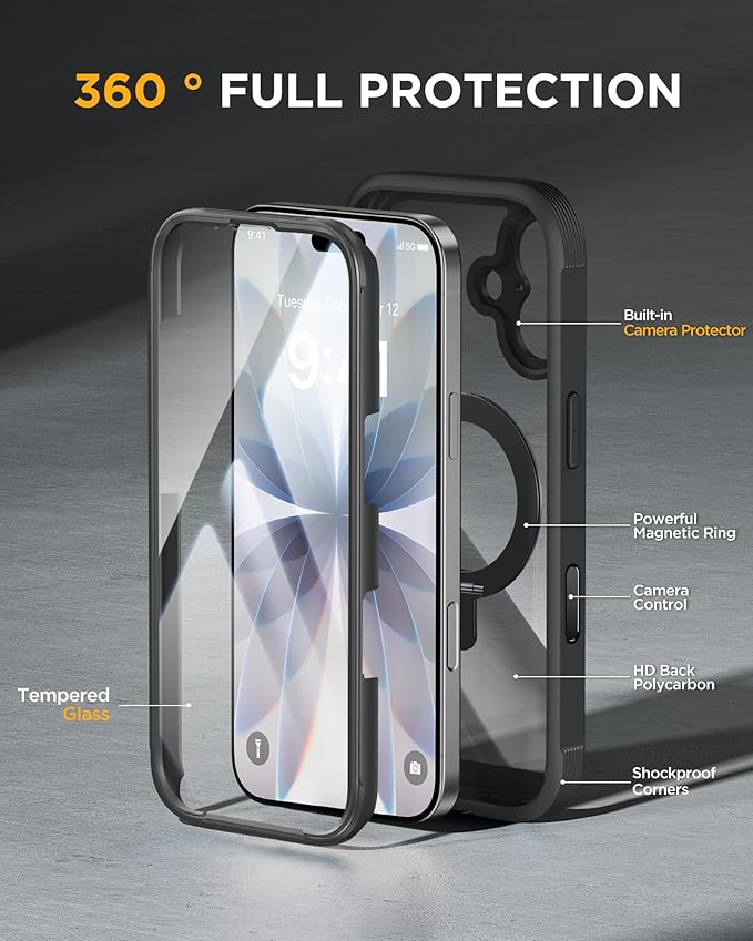 Miracase for iPhone 17 Case with 360° Magnetic Ring Stand [Compatible with Magsafe] Full-Body Drop Proof Bumper Phone Case with Built-in 9H Tempered Glass Screen Protector,Black