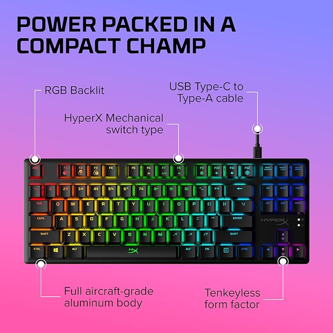 HyperX Alloy Origins Core - Tenkeyless Mechanical Gaming Keyboard, Software Controlled Light & Macro Customization, Compact Form Factor, RGB LED Backlit, Linear HyperX Red Switch,Black