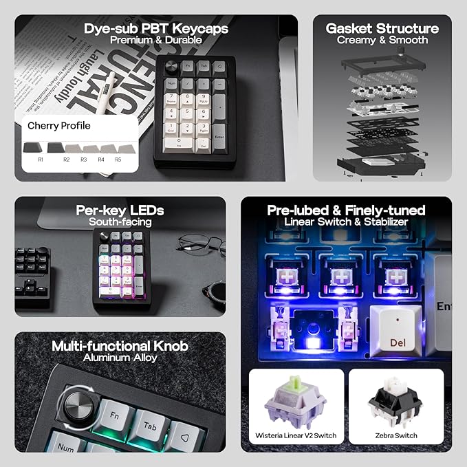 EPOMAKER EK21 VIA Gasket Number Pad with 1000mAh Battery, BT 5.0/2.4GHz/Wired Hot-Swap Numpad with Aluminum Alloy knob, Programmable for Win/Mac/Gaming (Black Silver, Zebra Switch)
