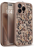GVIEWIN for iPhone 15 Pro Max Case Compatible with MagSafe, [Military Grade Protection] [Screen Protector] Full Camera Protection Floral Translucent Women Magnetic Phone Case, Bunchflower/Brown