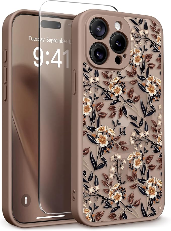 GVIEWIN for iPhone 15 Pro Case Compatible with MagSafe, [Military Grade Protection] [Screen Protector] Full Camera Protection Floral Translucent Women Magnetic Phone Case, Bunchflower/Brown