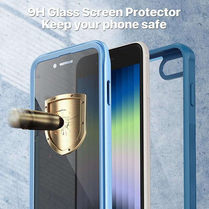 CENHUFO Privacy Case for iPhone SE 2022 3rd / iPhone SE 2020 2nd / iPhone 8/7, Full Body Phone Cover with Built-in 9H Tempered Glass Privacy Screen Protector, Anti Peep Shockproof Bumper - Blue
