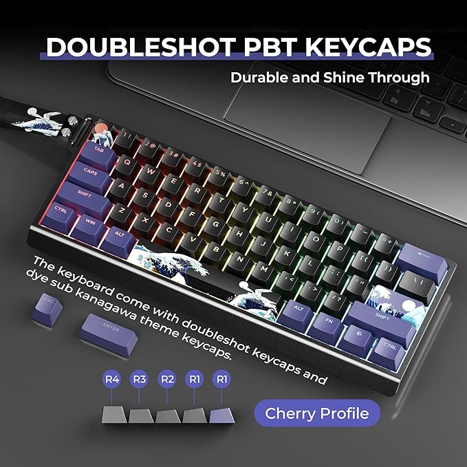 HITIME x XVX 60% Percent Keyboard with Strap, H61 Wired Aluminum Gaming Keyboard, Hot Swappable, Kanagawa Anime PBT Keycaps, RGB Backlit, Cherry Profile, Sound Absorbing Pads, Creamy Linear Switch