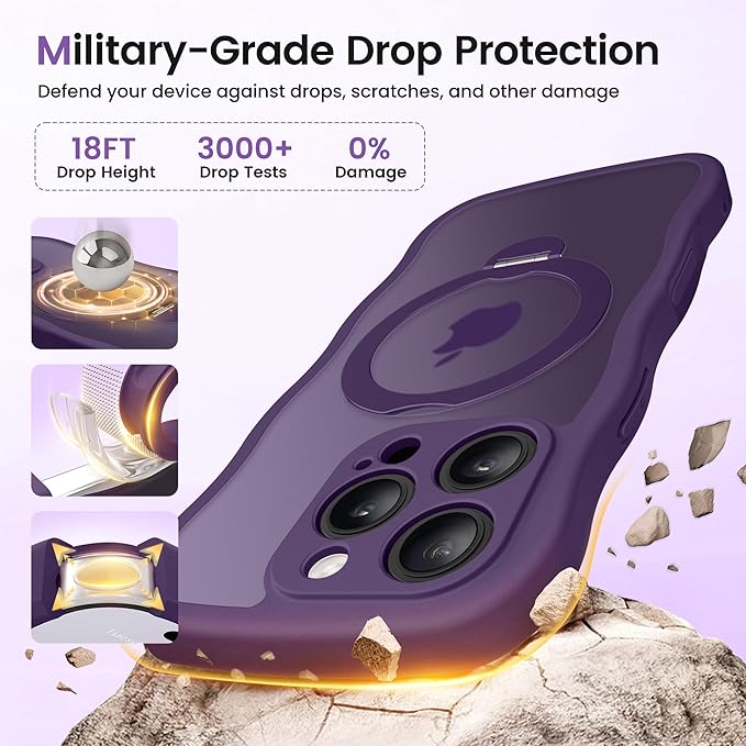 CAPRARO for iPhone 16 Pro Case with 360° Spin Magnetic Stand for Women, [Compatible with MagSafe] [Full Camera Protection] Cute Wave Translucent Matte Case for iPhone 16 Pro, Deep Purple