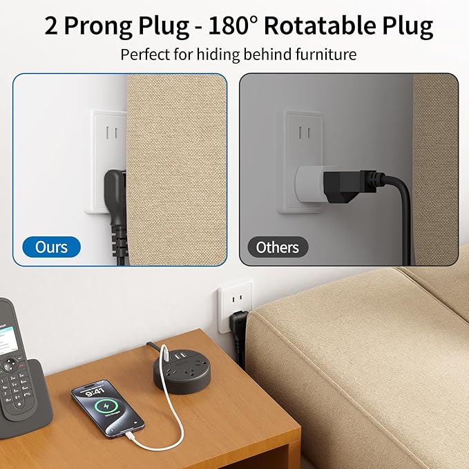 2 Prong Power Strip with 10ft Extension Cord, NTONPOWER 1875W/15A, 180° Rotating Plug, 2 Prong to 3 Prong Outlet Adapter, Wall Mountable, 3 AC Outlets & 2 USB A & 2 USB C, Ideal for Older House Office