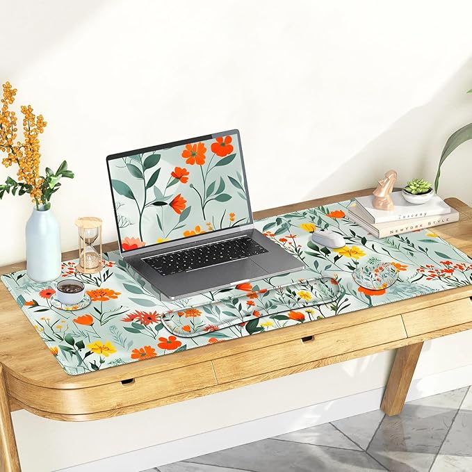 Large Gaming Mouse Pad Set, 4 in 1 Ergonomics Keyboard Desk Mat Memory Foam Wrist Rest, Computer PC Extended Game Mousepad, Non-Slip Desk Matt Easy Typing Pain Relief I Blooming Orange Florals