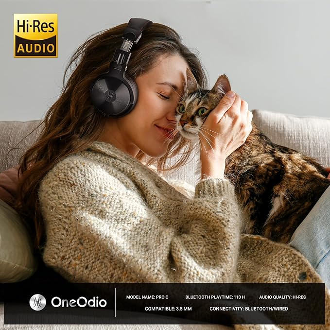OneOdio Bluetooth Over Ear Headphones, 110 Hrs Wireless/Wired Stereo Sound Foldable Headsets with Deep Bass 50mm Neodymium Drivers for PC/Computer/Podcast- Studio Wireless Pro C, Black