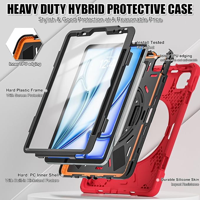 TSQQST Case for iPad Air 11 Inch M4 2026/M3 2025/M2 2024, Cover for iPad Air 5th 4th Generation 10.9"/Pro 11 4th/3rd/2nd/1st Heavy Duty Shockproof Case with Screen Protector+Stand+Hand Strap, Red