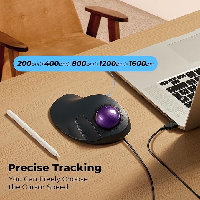 Wired Trackball Mouse for Large Hands, Ergonomic Design Reduces Wrist & Muscle Strain, Precision Tracking with Easy Index Finger Control, Compatible with PC, Laptop, Windows, Mac, Purple