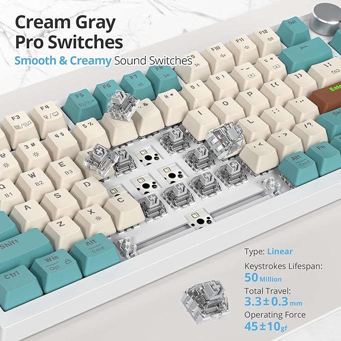 400PRO 75% Wireless Creamy Mechanical Keyboard Bluetooth, Gasket Hot Swappable RGB Gaming Keyboard, Bluetooth/2.4GHz/USB-C Thocky Keyboard with Pre-lubed Cream Grey Switches (82 Brown White)