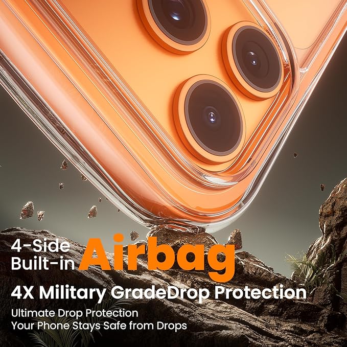 3-in-1 Air for Heavy Duty iPhone 17 Pro Max Case with Screen Protector & Camera Lens Protector,[Fits MagSafe][Military-Grade Protection] [Built-in Airbag] Shockproof Case for 17 Pro Max(Clear-Orange)